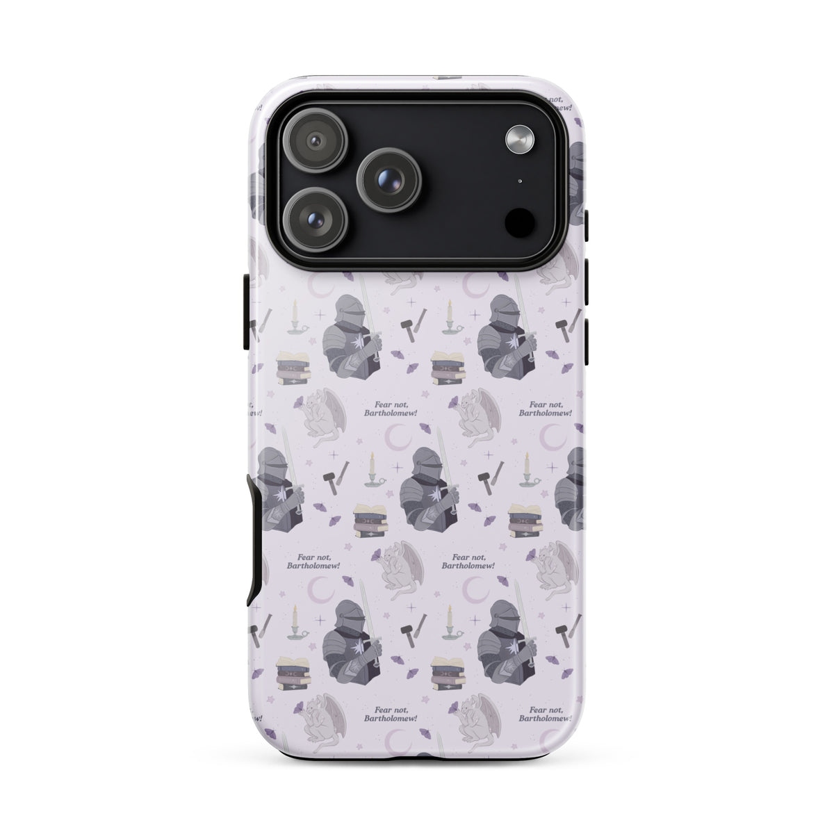 The Knight and The Moth Tough Case for iPhone® - The Bean Workshop - Bookish Phone Case for Fantasy Readers, Cute Bookish Tech Accessory, Fandom Phone Protection, Fantasy Fan Gift, Gift for Book Lovers, Knight and Bartholomew All-Over Print, Lavender Purple Pattern, Rachel Gillig, Reader Phone Case, Shepherd King iPhone Tough Case Fan Merch, The Knight and the Moth, Tough iPhone Case, Whimsical Fantasy Aesthetic