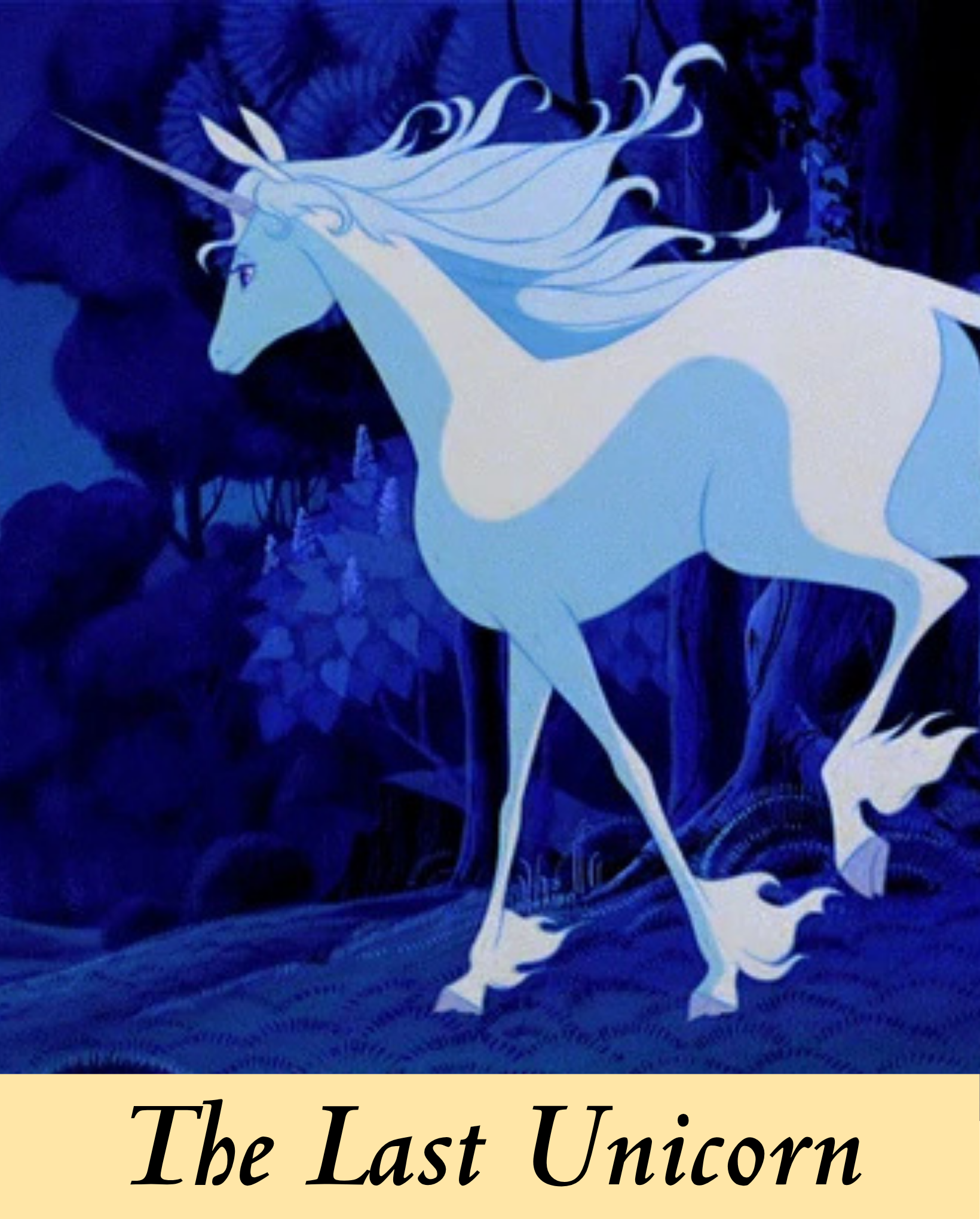 An officially licensed design from the classic 1982 animated fantasy film, The Last Unicorn, featuring the graceful white unicorn with a flowing mane walking majestically through an enchanted midnight-blue forest.