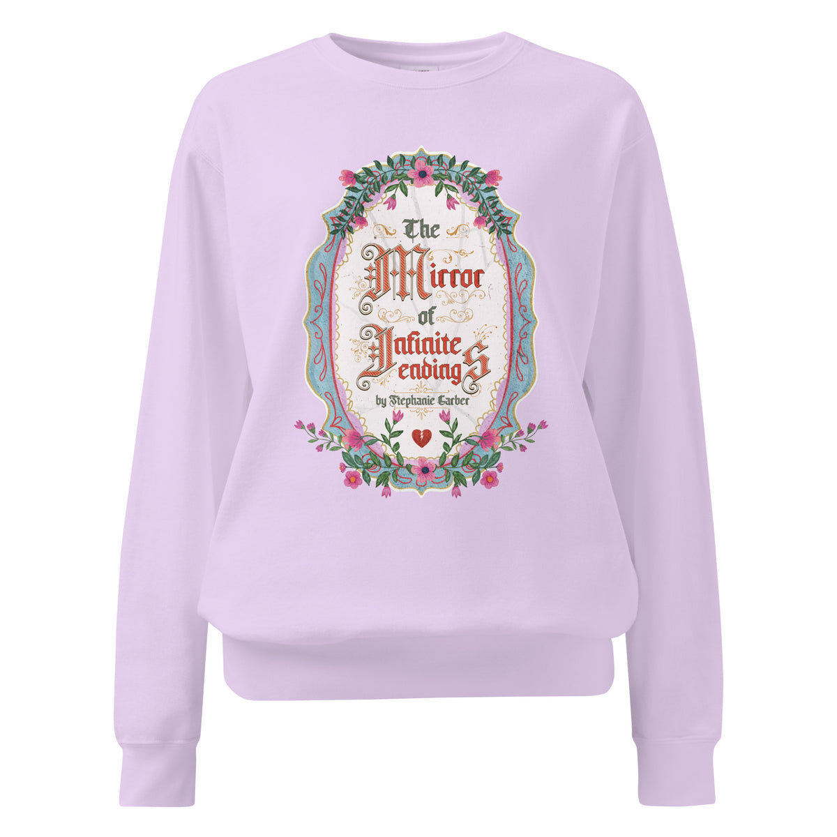 The Mirror of Infinite Endings Heavyweight Sweatshirt - The Bean Workshop - Cozy Loungewear, Fairytale Cross-Stitch, Gothic Lettering, Heavyweight Sweatshirt, Once Upon a Broken Heart, Once Upon a Broken Heart Fan Gift, Ornate Mirror Frame Illustration, Pink Teal and Gold Florals, Romantic Gothic Florals, Stephanie Garber, The Mirror of Infinite Endings, The Mirror of Infinite Endings Heavyweight Sweatshirt for Book Lovers, Travel Day Comfort