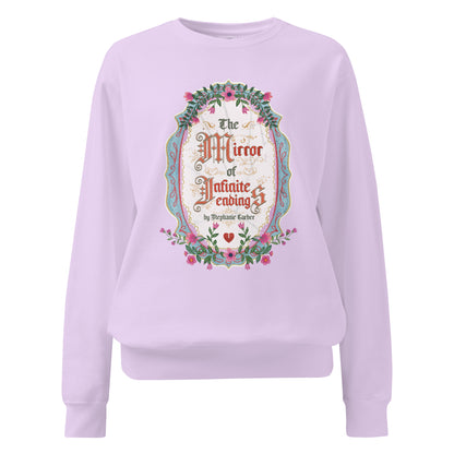The Mirror of Infinite Endings Heavyweight Sweatshirt - The Bean Workshop - Cozy Loungewear, Fairytale Cross-Stitch, Gothic Lettering, Heavyweight Sweatshirt, Once Upon a Broken Heart, Once Upon a Broken Heart Fan Gift, Ornate Mirror Frame Illustration, Pink Teal and Gold Florals, Romantic Gothic Florals, Stephanie Garber, The Mirror of Infinite Endings, The Mirror of Infinite Endings Heavyweight Sweatshirt for Book Lovers, Travel Day Comfort