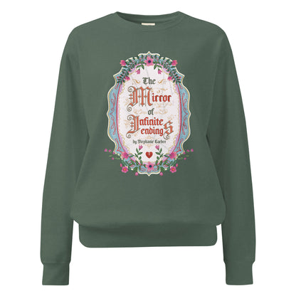 The Mirror of Infinite Endings Heavyweight Sweatshirt - The Bean Workshop - Cozy Loungewear, Fairytale Cross-Stitch, Gothic Lettering, Heavyweight Sweatshirt, Once Upon a Broken Heart, Once Upon a Broken Heart Fan Gift, Ornate Mirror Frame Illustration, Pink Teal and Gold Florals, Romantic Gothic Florals, Stephanie Garber, The Mirror of Infinite Endings, The Mirror of Infinite Endings Heavyweight Sweatshirt for Book Lovers, Travel Day Comfort