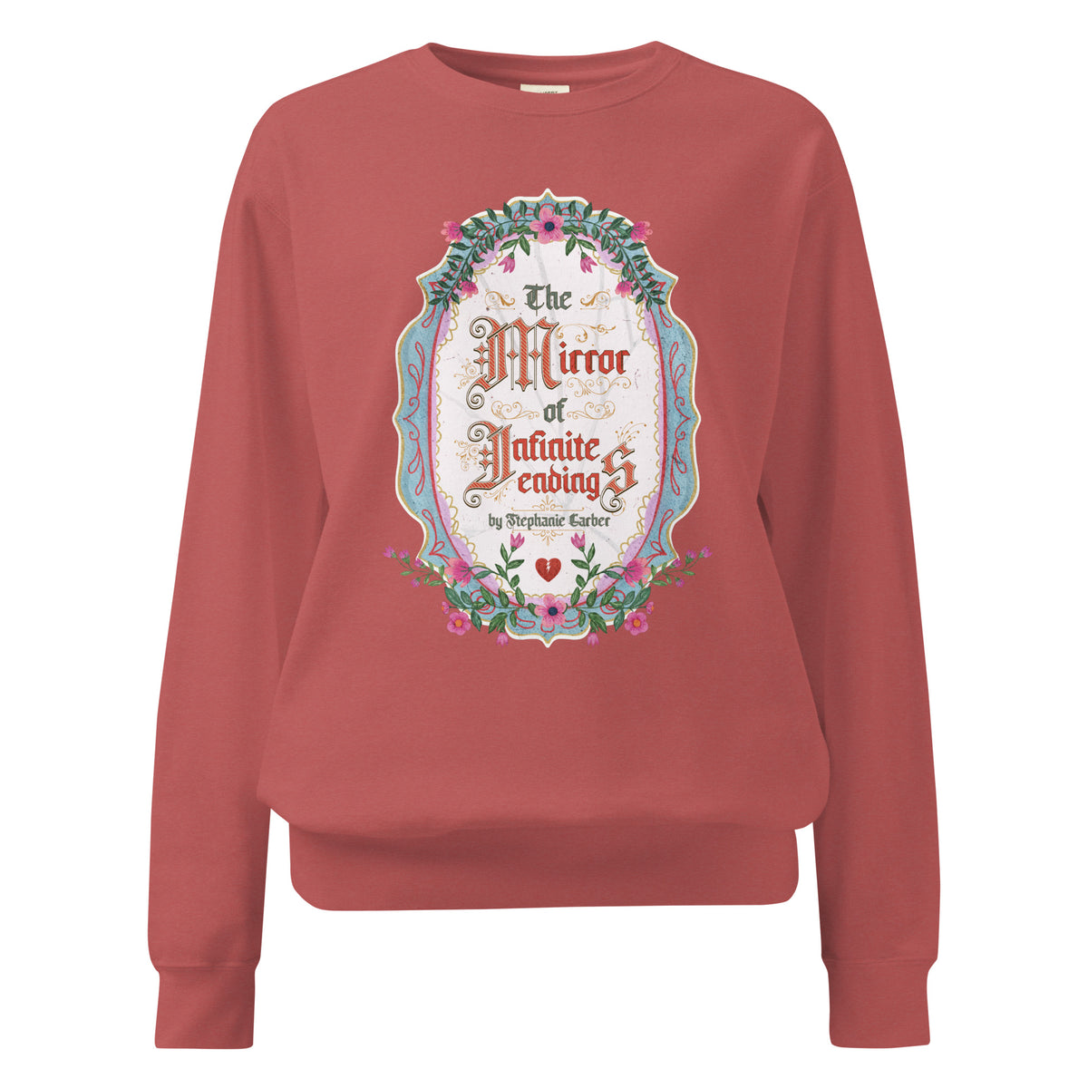 The Mirror of Infinite Endings Heavyweight Sweatshirt - The Bean Workshop - Cozy Loungewear, Fairytale Cross-Stitch, Gothic Lettering, Heavyweight Sweatshirt, Once Upon a Broken Heart, Once Upon a Broken Heart Fan Gift, Ornate Mirror Frame Illustration, Pink Teal and Gold Florals, Romantic Gothic Florals, Stephanie Garber, The Mirror of Infinite Endings, The Mirror of Infinite Endings Heavyweight Sweatshirt for Book Lovers, Travel Day Comfort