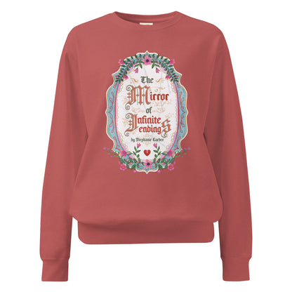 The Mirror of Infinite Endings Heavyweight Sweatshirt - The Bean Workshop - Cozy Loungewear, Fairytale Cross-Stitch, Gothic Lettering, Heavyweight Sweatshirt, Once Upon a Broken Heart, Once Upon a Broken Heart Fan Gift, Ornate Mirror Frame Illustration, Pink Teal and Gold Florals, Romantic Gothic Florals, Stephanie Garber, The Mirror of Infinite Endings, The Mirror of Infinite Endings Heavyweight Sweatshirt for Book Lovers, Travel Day Comfort