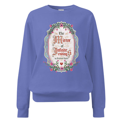 The Mirror of Infinite Endings Heavyweight Sweatshirt - The Bean Workshop - Cozy Loungewear, Fairytale Cross-Stitch, Gothic Lettering, Heavyweight Sweatshirt, Once Upon a Broken Heart, Once Upon a Broken Heart Fan Gift, Ornate Mirror Frame Illustration, Pink Teal and Gold Florals, Romantic Gothic Florals, Stephanie Garber, The Mirror of Infinite Endings, The Mirror of Infinite Endings Heavyweight Sweatshirt for Book Lovers, Travel Day Comfort