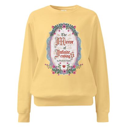 The Mirror of Infinite Endings Heavyweight Sweatshirt - The Bean Workshop - Cozy Loungewear, Fairytale Cross-Stitch, Gothic Lettering, Heavyweight Sweatshirt, Once Upon a Broken Heart, Once Upon a Broken Heart Fan Gift, Ornate Mirror Frame Illustration, Pink Teal and Gold Florals, Romantic Gothic Florals, Stephanie Garber, The Mirror of Infinite Endings, The Mirror of Infinite Endings Heavyweight Sweatshirt for Book Lovers, Travel Day Comfort