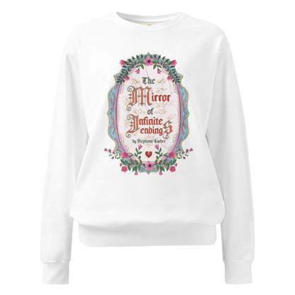 The Mirror of Infinite Endings Heavyweight Sweatshirt - The Bean Workshop - Cozy Loungewear, Fairytale Cross-Stitch, Gothic Lettering, Heavyweight Sweatshirt, Once Upon a Broken Heart, Once Upon a Broken Heart Fan Gift, Ornate Mirror Frame Illustration, Pink Teal and Gold Florals, Romantic Gothic Florals, Stephanie Garber, The Mirror of Infinite Endings, The Mirror of Infinite Endings Heavyweight Sweatshirt for Book Lovers, Travel Day Comfort