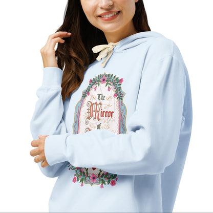 The Mirror of Infinite Endings Lightweight Hoodie - The Bean Workshop - Cozy Reading Wear, Fairytale Cross-Stitch, Gothic Lettering, Hoodie for Book Lovers, Layering Essential, Lightweight Hoodie, Once Upon a Broken Heart, Once Upon a Broken Heart Fan Gift, Ornate Mirror Frame Illustration, Pink Teal and Gold Florals, Romantic Gothic Florals, Stephanie Garber, The Mirror of Infinite Endings