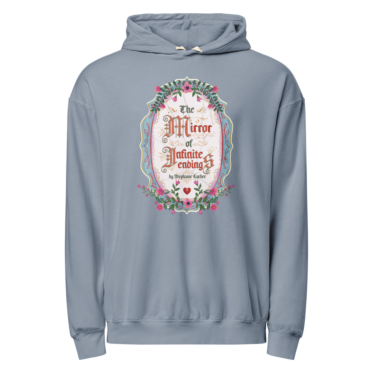 The Mirror of Infinite Endings Lightweight Hoodie - The Bean Workshop - Cozy Reading Wear, Fairytale Cross-Stitch, Gothic Lettering, Hoodie for Book Lovers, Layering Essential, Lightweight Hoodie, Once Upon a Broken Heart, Once Upon a Broken Heart Fan Gift, Ornate Mirror Frame Illustration, Pink Teal and Gold Florals, Romantic Gothic Florals, Stephanie Garber, The Mirror of Infinite Endings