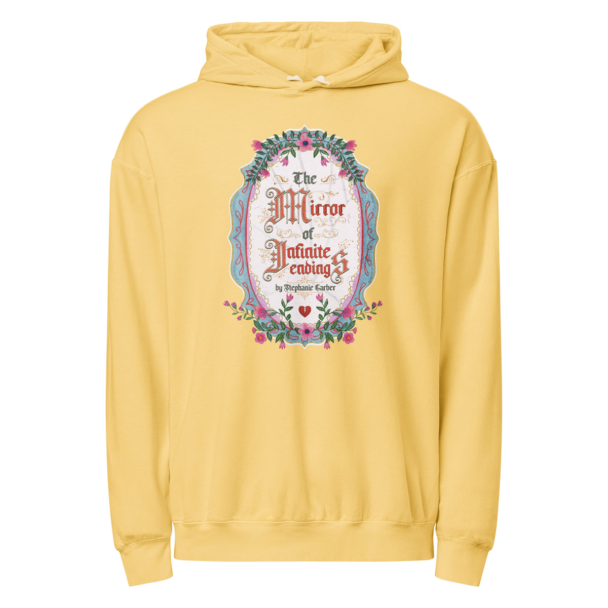 The Mirror of Infinite Endings Lightweight Hoodie - The Bean Workshop - Cozy Reading Wear, Fairytale Cross-Stitch, Gothic Lettering, Hoodie for Book Lovers, Layering Essential, Lightweight Hoodie, Once Upon a Broken Heart, Once Upon a Broken Heart Fan Gift, Ornate Mirror Frame Illustration, Pink Teal and Gold Florals, Romantic Gothic Florals, Stephanie Garber, The Mirror of Infinite Endings