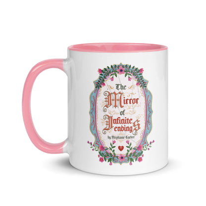 The Mirror of Infinite Endings Mug with Color Inside - The Bean Workshop - Ceramic Mug, Fairytale Cross-Stitch, Gothic Lettering, Morning Coffee Ritual, Once Upon a Broken Heart, Once Upon a Broken Heart Fan Gift, Ornate Mirror Frame Illustration, Pink Teal and Gold Florals, Reading Nook Companion, Romantic Gothic Florals, Stephanie Garber, The Mirror of Infinite Endings Ceramic Mug for Book Lovers