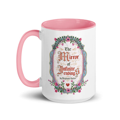 The Mirror of Infinite Endings Mug with Color Inside - The Bean Workshop - Ceramic Mug, Fairytale Cross-Stitch, Gothic Lettering, Morning Coffee Ritual, Once Upon a Broken Heart, Once Upon a Broken Heart Fan Gift, Ornate Mirror Frame Illustration, Pink Teal and Gold Florals, Reading Nook Companion, Romantic Gothic Florals, Stephanie Garber, The Mirror of Infinite Endings Ceramic Mug for Book Lovers