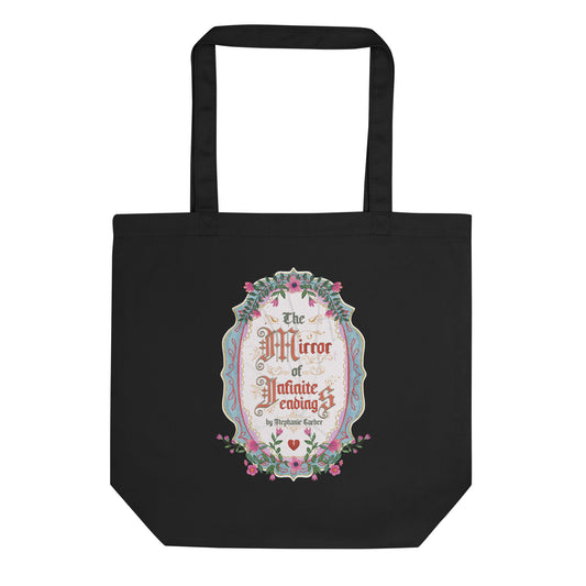 The Mirror of Infinite Endings Organic Cotton Twill Tote Bag - The Bean Workshop - Fairytale Cross-Stitch, Gothic Lettering, Library Tote Bag, On the Go Reading Companion, Once Upon a Broken Heart, Once Upon a Broken Heart Fan Gift, Ornate Mirror Frame Illustration, Pink Teal and Gold Florals, Romantic Gothic Florals, Stephanie Garber, The Mirror of Infinite Endings Tote Bag for Book Lovers, Tote Bag