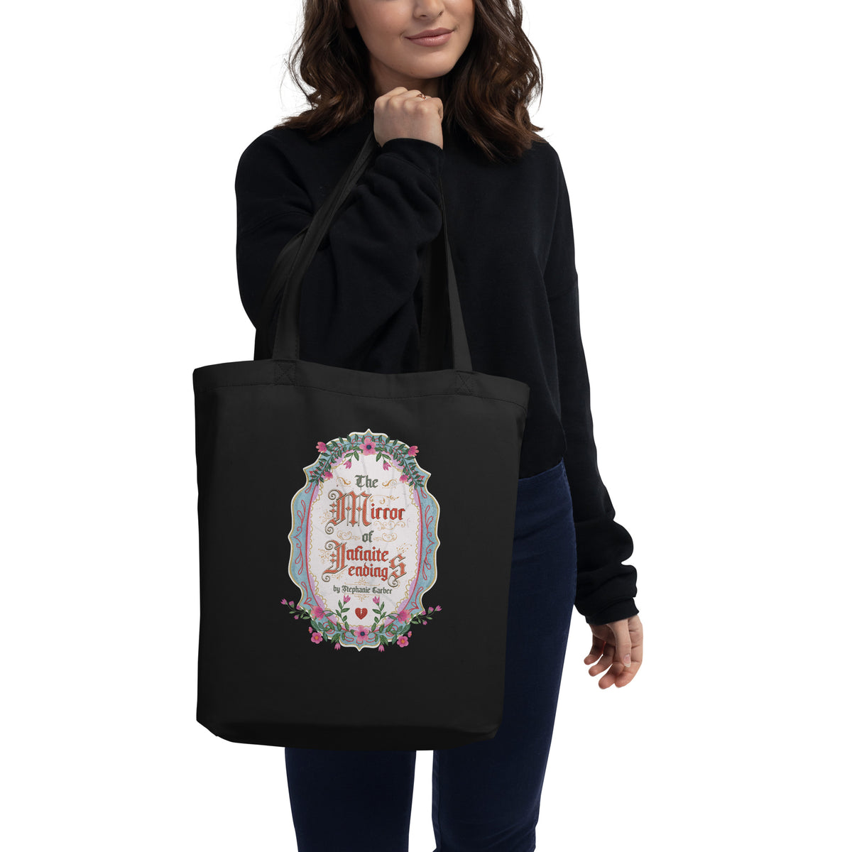 The Mirror of Infinite Endings Organic Cotton Twill Tote Bag - The Bean Workshop - Fairytale Cross-Stitch, Gothic Lettering, Library Tote Bag, On the Go Reading Companion, Once Upon a Broken Heart, Once Upon a Broken Heart Fan Gift, Ornate Mirror Frame Illustration, Pink Teal and Gold Florals, Romantic Gothic Florals, Stephanie Garber, The Mirror of Infinite Endings Tote Bag for Book Lovers, Tote Bag