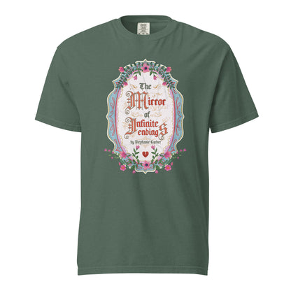 The Mirror of Infinite Endings T-Shirt - The Bean Workshop - Book Club Outfit, Everyday Bookish Style, Fairytale Cross-Stitch, Gothic Lettering, Once Upon a Broken Heart, Once Upon a Broken Heart Fan Gift, Ornate Mirror Frame Illustration, Pink Teal and Gold Florals, Romantic Gothic Florals, Stephanie Garber, T-Shirt, The Mirror of Infinite Endings T-Shirt for Book Lovers