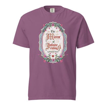 The Mirror of Infinite Endings T-Shirt - The Bean Workshop - Book Club Outfit, Everyday Bookish Style, Fairytale Cross-Stitch, Gothic Lettering, Once Upon a Broken Heart, Once Upon a Broken Heart Fan Gift, Ornate Mirror Frame Illustration, Pink Teal and Gold Florals, Romantic Gothic Florals, Stephanie Garber, T-Shirt, The Mirror of Infinite Endings T-Shirt for Book Lovers