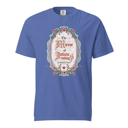 The Mirror of Infinite Endings T-Shirt - The Bean Workshop - Book Club Outfit, Everyday Bookish Style, Fairytale Cross-Stitch, Gothic Lettering, Once Upon a Broken Heart, Once Upon a Broken Heart Fan Gift, Ornate Mirror Frame Illustration, Pink Teal and Gold Florals, Romantic Gothic Florals, Stephanie Garber, T-Shirt, The Mirror of Infinite Endings T-Shirt for Book Lovers