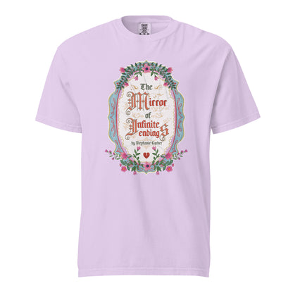 The Mirror of Infinite Endings T-Shirt - The Bean Workshop - Book Club Outfit, Everyday Bookish Style, Fairytale Cross-Stitch, Gothic Lettering, Once Upon a Broken Heart, Once Upon a Broken Heart Fan Gift, Ornate Mirror Frame Illustration, Pink Teal and Gold Florals, Romantic Gothic Florals, Stephanie Garber, T-Shirt, The Mirror of Infinite Endings T-Shirt for Book Lovers