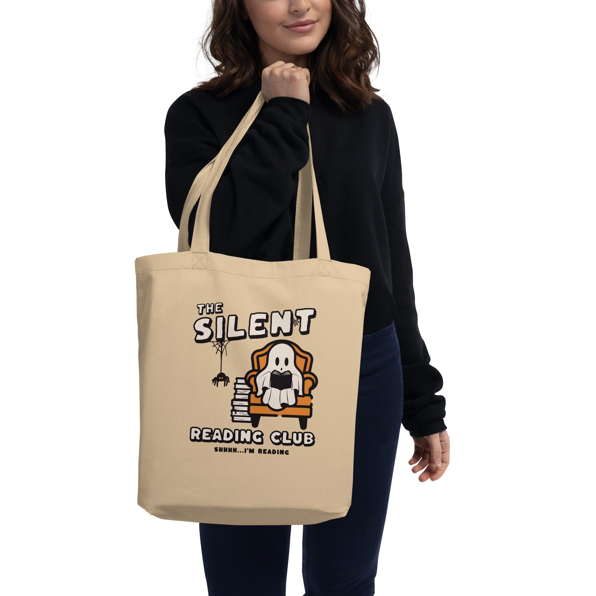 The Silent Reading Club Organic Cotton Twill Tote Bag - The Bean Workshop - book lover tote, bookstore bag, bookworm bag, canvas tote, ghost tote, Halloween tote bag, introvert tote, library tote, literary tote, reading bag, reusable shopping bag, shhh i'm reading bag, silent reading club tote, spooky season accessory, unique gift for readers