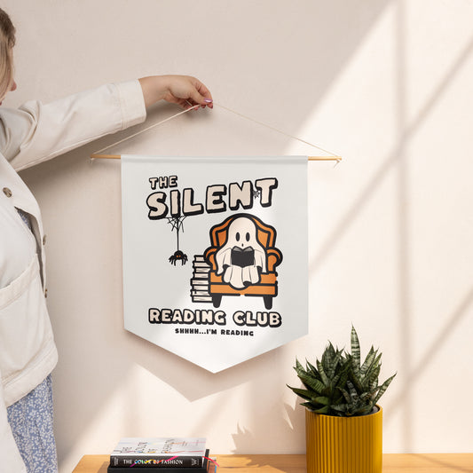 The Silent Reading Club Pennant Banner - The Bean Workshop - book lover decor, bookworm decor, classroom decor, ghost decor, Halloween banner, Halloween party decoration, literary pennant, reading nook banner, shhh i'm reading decor, silent reading club decor, spooky season banner, unique bookish gift, wall decor for readers