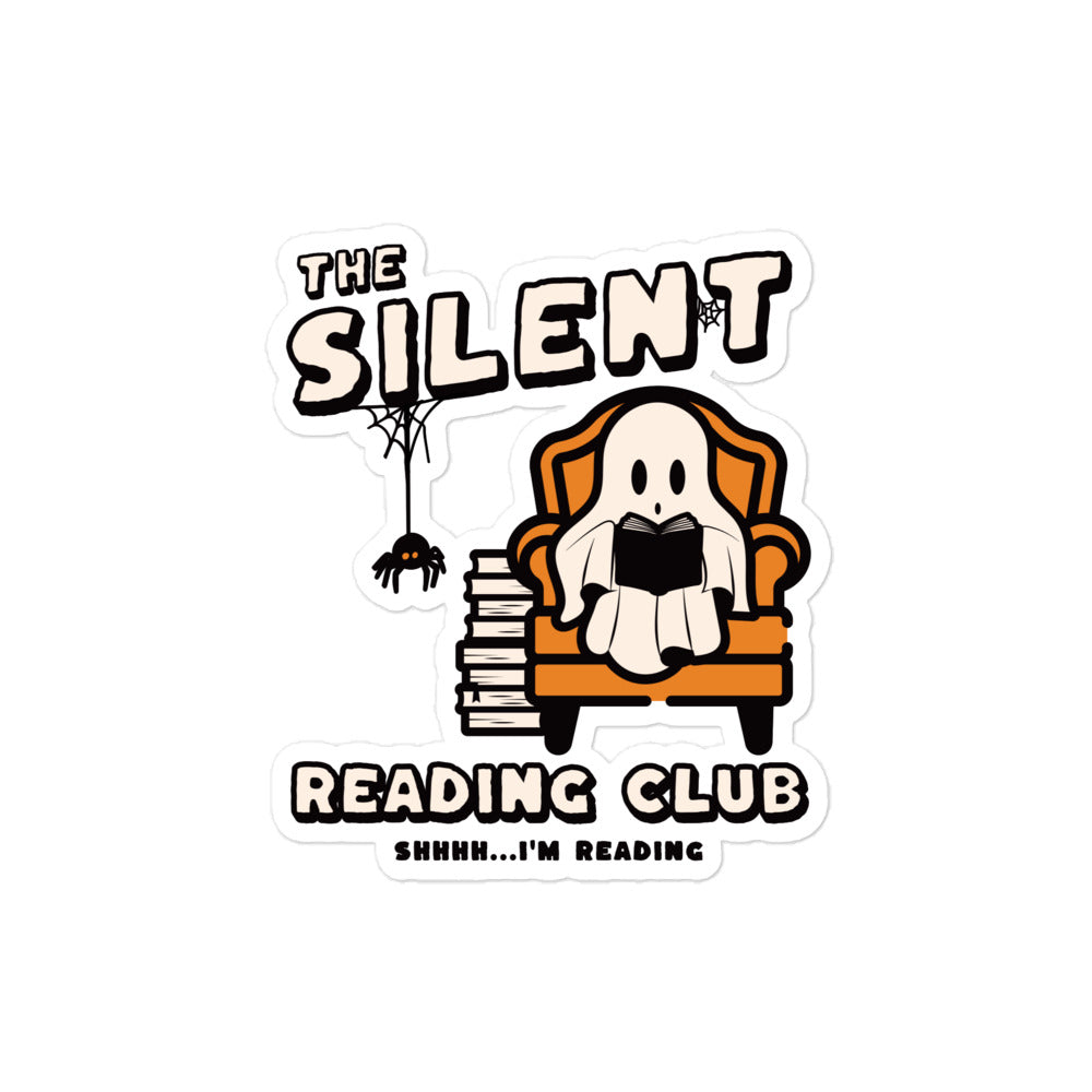 The Silent Reading Club Sticker - The Bean Workshop - book lover sticker, bookish merch, bookworm gift, cute ghost, ghost sticker, Halloween sticker, introvert gift, laptop sticker, literary sticker, reading aesthetic, shhh i'm reading, silent reading club, spooky season, unique gift for readers, vinyl sticker, water bottle decal