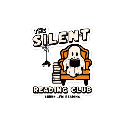 The Silent Reading Club Sticker - The Bean Workshop - book lover sticker, bookish merch, bookworm gift, cute ghost, ghost sticker, Halloween sticker, introvert gift, laptop sticker, literary sticker, reading aesthetic, shhh i'm reading, silent reading club, spooky season, unique gift for readers, vinyl sticker, water bottle decal