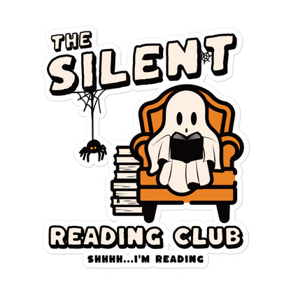 The Silent Reading Club Sticker - The Bean Workshop - book lover sticker, bookish merch, bookworm gift, cute ghost, ghost sticker, Halloween sticker, introvert gift, laptop sticker, literary sticker, reading aesthetic, shhh i'm reading, silent reading club, spooky season, unique gift for readers, vinyl sticker, water bottle decal