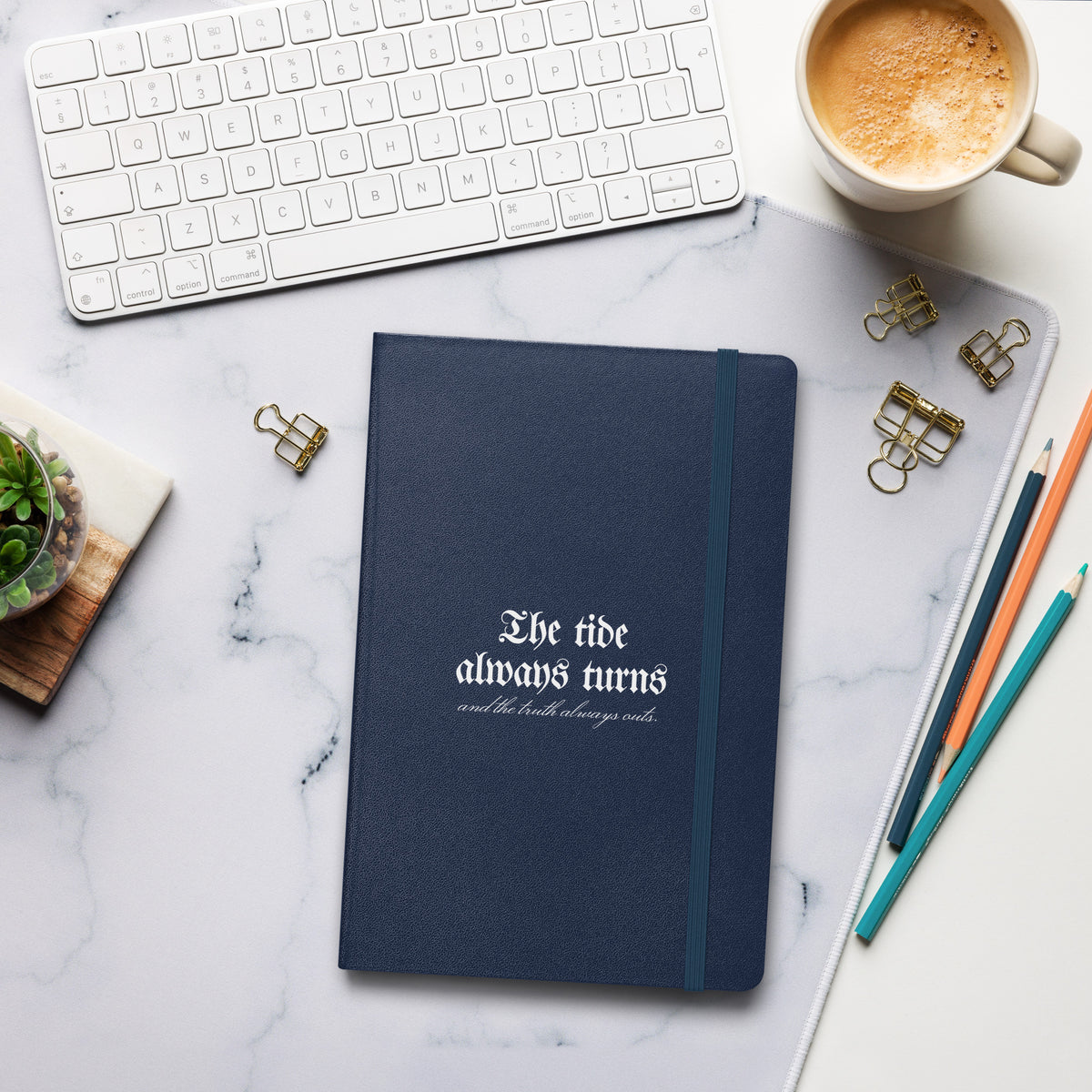 The Tide Always Turns Hardcover Bound Notebook - The Bean Workshop - Blackletter Quote Cover, Bold Literary Quote, Bookish Journal for Fantasy Readers, Bookish Stationery, Dark Academia Aesthetic, Fandom Notebook, Gift for Book Lovers, Gothic Typography, Hardcover Bound Notebook, One Dark Window, Rachel Gillig, The Tide Always Turns Hardcover Notebook Fan Gift, White on Black Design