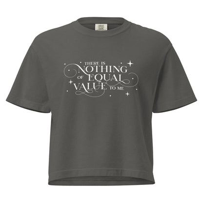There Is Nothing of Equal Value to Me Boxy Tee - The Bean Workshop - Ballad of Never After Quote Merch, Black Gothic Script Typography, Boxy Tee, Dark Romance, Elegant Flourish Lettering, Everyday Bookish Style, Gothic Elegance, Once Upon a Broken Heart, Relaxed Layering Piece, Scattered Star Sparkle Detail, Stephanie Garber, The Ballad of Never After, There Is Nothing of Equal Value to Me Boxy Tee for Book Lovers
