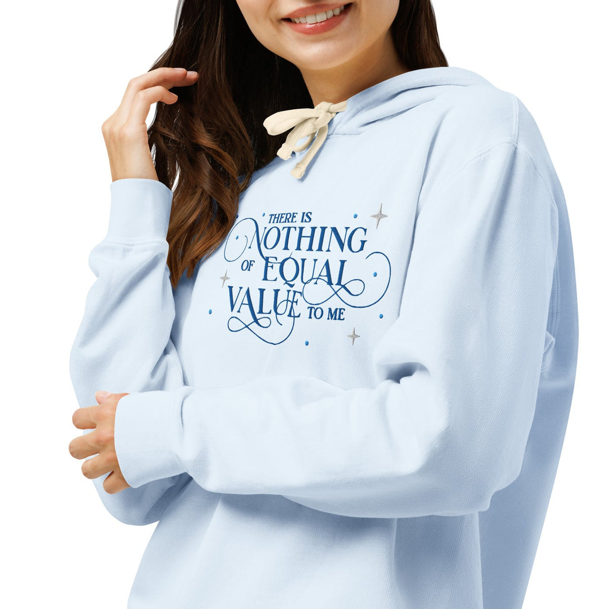There Is Nothing of Equal Value to Me Embroidered Lightweight Hoodie - The Bean Workshop - Ballad of Never After Quote Merch, Black Gothic Script Typography, Cozy Reading Wear, Dark Romance, Elegant Flourish Lettering, Embroidered Hoodie, Gothic Elegance, Layering Essential, Once Upon a Broken Heart, Scattered Star Sparkle Detail, Stephanie Garber, The Ballad of Never After, There Is Nothing of Equal Value to Me Embroidered Hoodie for Book Lovers