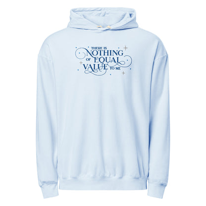 There Is Nothing of Equal Value to Me Embroidered Lightweight Hoodie - The Bean Workshop - Ballad of Never After Quote Merch, Black Gothic Script Typography, Cozy Reading Wear, Dark Romance, Elegant Flourish Lettering, Embroidered Hoodie, Gothic Elegance, Layering Essential, Once Upon a Broken Heart, Scattered Star Sparkle Detail, Stephanie Garber, The Ballad of Never After, There Is Nothing of Equal Value to Me Embroidered Hoodie for Book Lovers