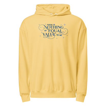 There Is Nothing of Equal Value to Me Embroidered Lightweight Hoodie - The Bean Workshop - Ballad of Never After Quote Merch, Black Gothic Script Typography, Cozy Reading Wear, Dark Romance, Elegant Flourish Lettering, Embroidered Hoodie, Gothic Elegance, Layering Essential, Once Upon a Broken Heart, Scattered Star Sparkle Detail, Stephanie Garber, The Ballad of Never After, There Is Nothing of Equal Value to Me Embroidered Hoodie for Book Lovers