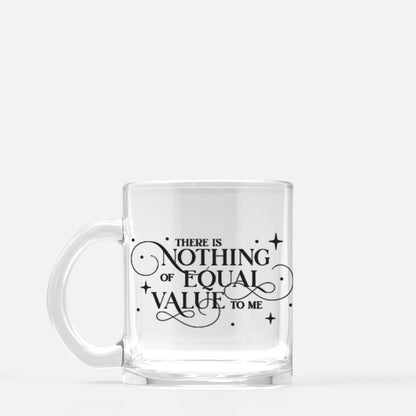 There Is Nothing of Equal Value to Me Jacks and Evangeline Fox Mug Glass - The Bean Workshop - Ballad of Never After Quote Merch, Black Gothic Script Typography, Elegant Flourish Lettering, Gothic Elegance, Iced Coffee Companion, Reading Nook Companion, Scattered Star Sparkle Detail, The Ballad of Never After, There Is Nothing of Equal Value to Me Glass Mug for Book Lovers