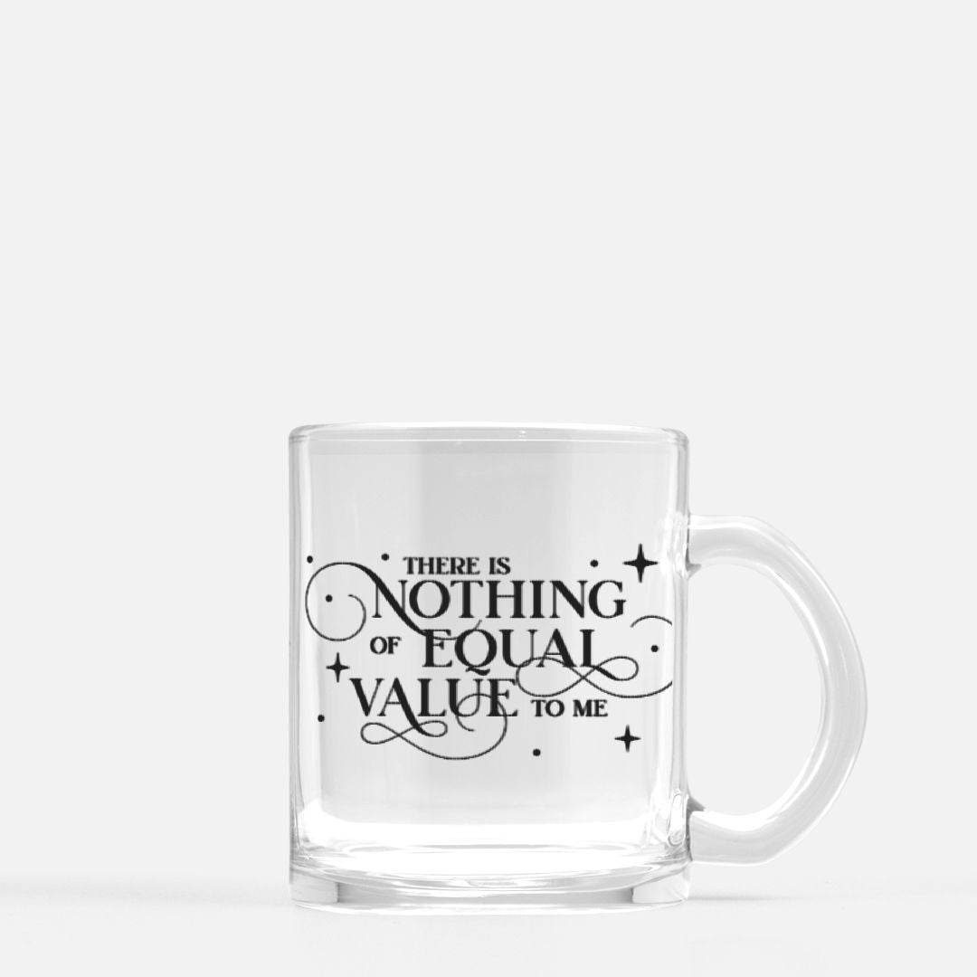There Is Nothing of Equal Value to Me Jacks and Evangeline Fox Mug Glass - The Bean Workshop - Ballad of Never After Quote Merch, Black Gothic Script Typography, Elegant Flourish Lettering, Gothic Elegance, Iced Coffee Companion, Reading Nook Companion, Scattered Star Sparkle Detail, The Ballad of Never After, There Is Nothing of Equal Value to Me Glass Mug for Book Lovers