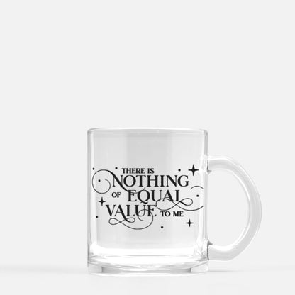 There Is Nothing of Equal Value to Me Jacks and Evangeline Fox Mug Glass - The Bean Workshop - Ballad of Never After Quote Merch, Black Gothic Script Typography, Elegant Flourish Lettering, Gothic Elegance, Iced Coffee Companion, Reading Nook Companion, Scattered Star Sparkle Detail, The Ballad of Never After, There Is Nothing of Equal Value to Me Glass Mug for Book Lovers