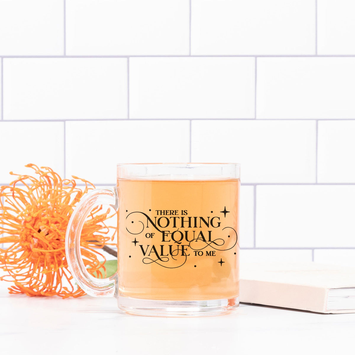 There Is Nothing of Equal Value to Me Jacks and Evangeline Fox Mug Glass - The Bean Workshop - Ballad of Never After Quote Merch, Black Gothic Script Typography, Elegant Flourish Lettering, Gothic Elegance, Iced Coffee Companion, Reading Nook Companion, Scattered Star Sparkle Detail, The Ballad of Never After, There Is Nothing of Equal Value to Me Glass Mug for Book Lovers