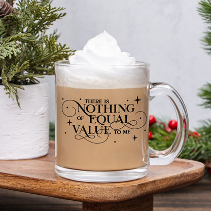 There Is Nothing of Equal Value to Me Jacks and Evangeline Fox Mug Glass - The Bean Workshop - Ballad of Never After Quote Merch, Black Gothic Script Typography, Elegant Flourish Lettering, Gothic Elegance, Iced Coffee Companion, Reading Nook Companion, Scattered Star Sparkle Detail, The Ballad of Never After, There Is Nothing of Equal Value to Me Glass Mug for Book Lovers