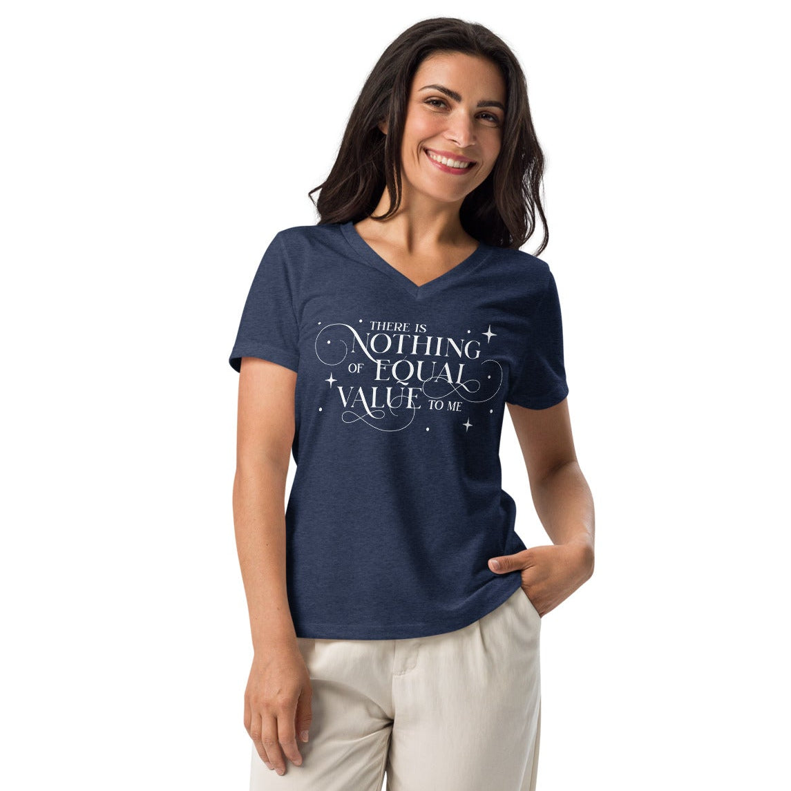 There Is Nothing of Equal Value to Me V-Neck T-Shirt - The Bean Workshop - Ballad of Never After Quote Merch, Black Gothic Script Typography, Casual Layering Piece, Dark Romance, Elegant Flourish Lettering, Everyday Bookish Style, Gothic Elegance, Once Upon a Broken Heart, Scattered Star Sparkle Detail, Stephanie Garber, The Ballad of Never After, There Is Nothing of Equal Value to Me V-Neck T-Shirt for Book Lovers, V-Neck T-Shirt