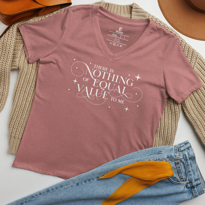There Is Nothing of Equal Value to Me V-Neck T-Shirt - The Bean Workshop - Ballad of Never After Quote Merch, Black Gothic Script Typography, Casual Layering Piece, Dark Romance, Elegant Flourish Lettering, Everyday Bookish Style, Gothic Elegance, Once Upon a Broken Heart, Scattered Star Sparkle Detail, Stephanie Garber, The Ballad of Never After, There Is Nothing of Equal Value to Me V-Neck T-Shirt for Book Lovers, V-Neck T-Shirt