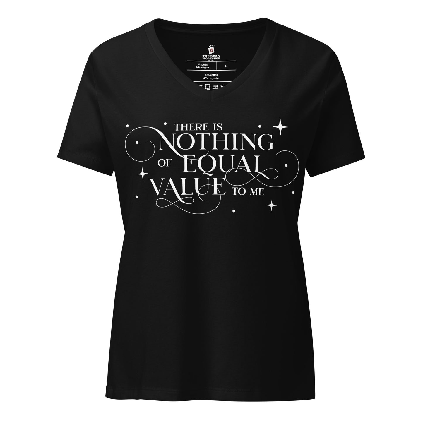 There Is Nothing of Equal Value to Me V-Neck T-Shirt - The Bean Workshop - Ballad of Never After Quote Merch, Black Gothic Script Typography, Casual Layering Piece, Dark Romance, Elegant Flourish Lettering, Everyday Bookish Style, Gothic Elegance, Once Upon a Broken Heart, Scattered Star Sparkle Detail, Stephanie Garber, The Ballad of Never After, There Is Nothing of Equal Value to Me V-Neck T-Shirt for Book Lovers, V-Neck T-Shirt