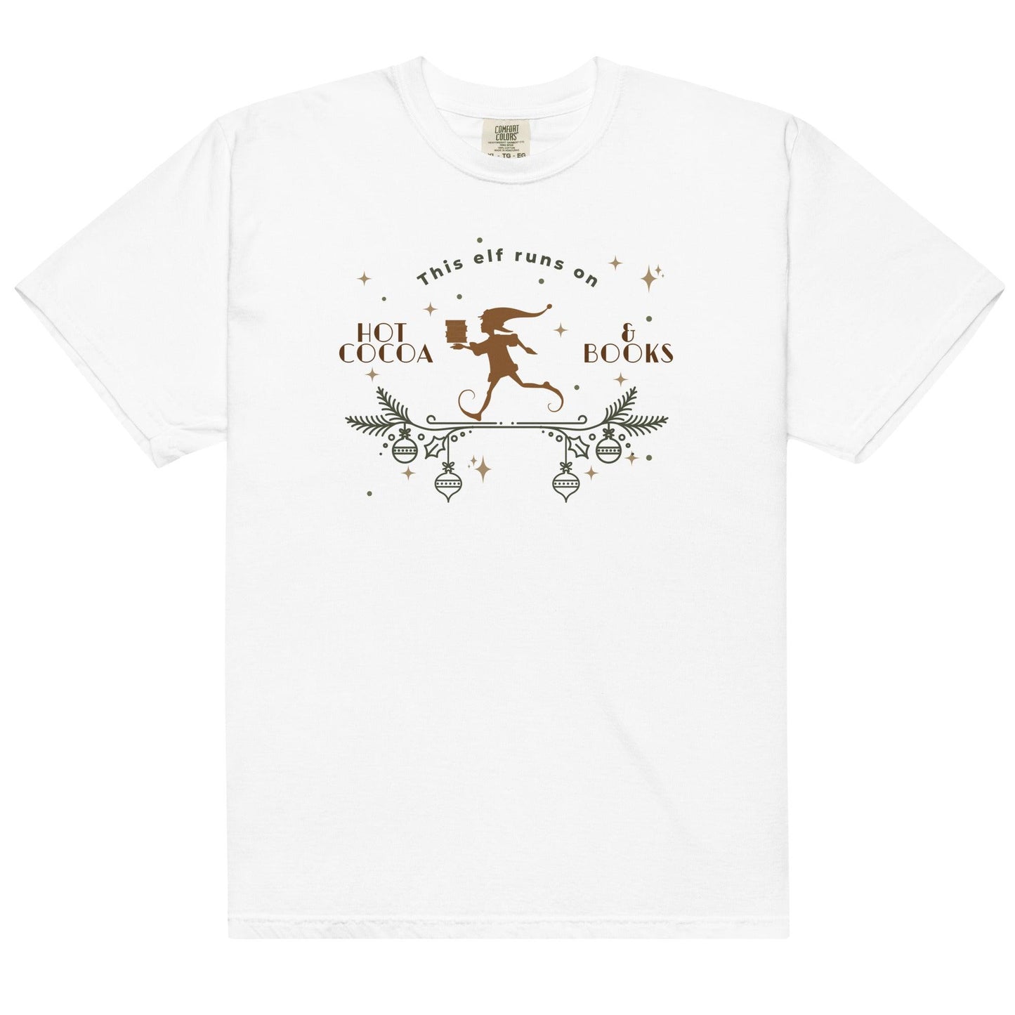 This Elf Runs on Hot Cocoa and Books Tee Shirt - The Bean Workshop - book lover, bookish, box tee, christmas