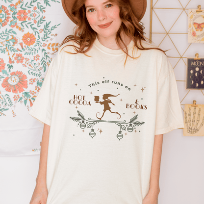 This Elf Runs on Hot Cocoa and Books Tee Shirt - The Bean Workshop - book lover, bookish, box tee, christmas