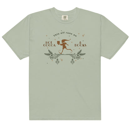 This Elf Runs on Hot Cocoa and Books Tee Shirt - The Bean Workshop - book lover, bookish, box tee, christmas