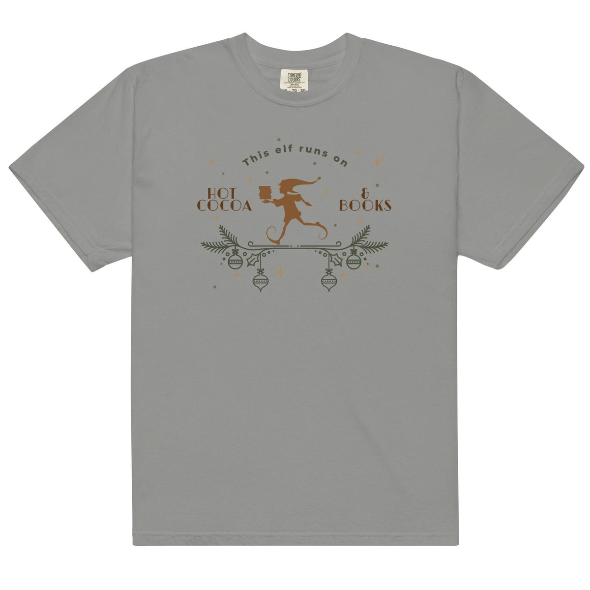 This Elf Runs on Hot Cocoa and Books Tee Shirt - The Bean Workshop - book lover, bookish, box tee, christmas