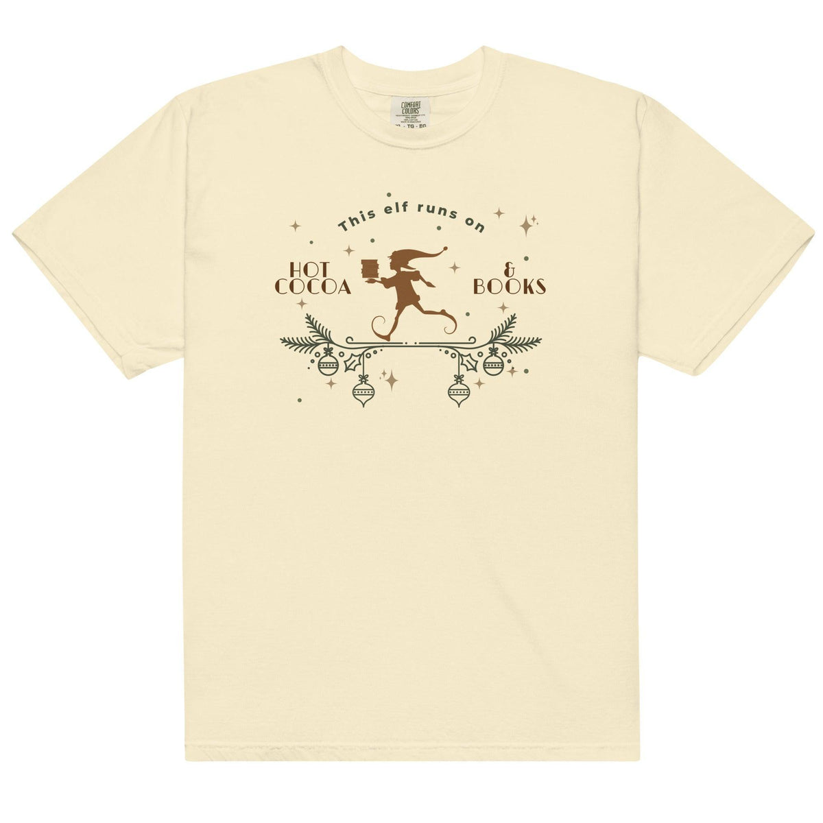 This Elf Runs on Hot Cocoa and Books Tee Shirt - The Bean Workshop - book lover, bookish, box tee, christmas