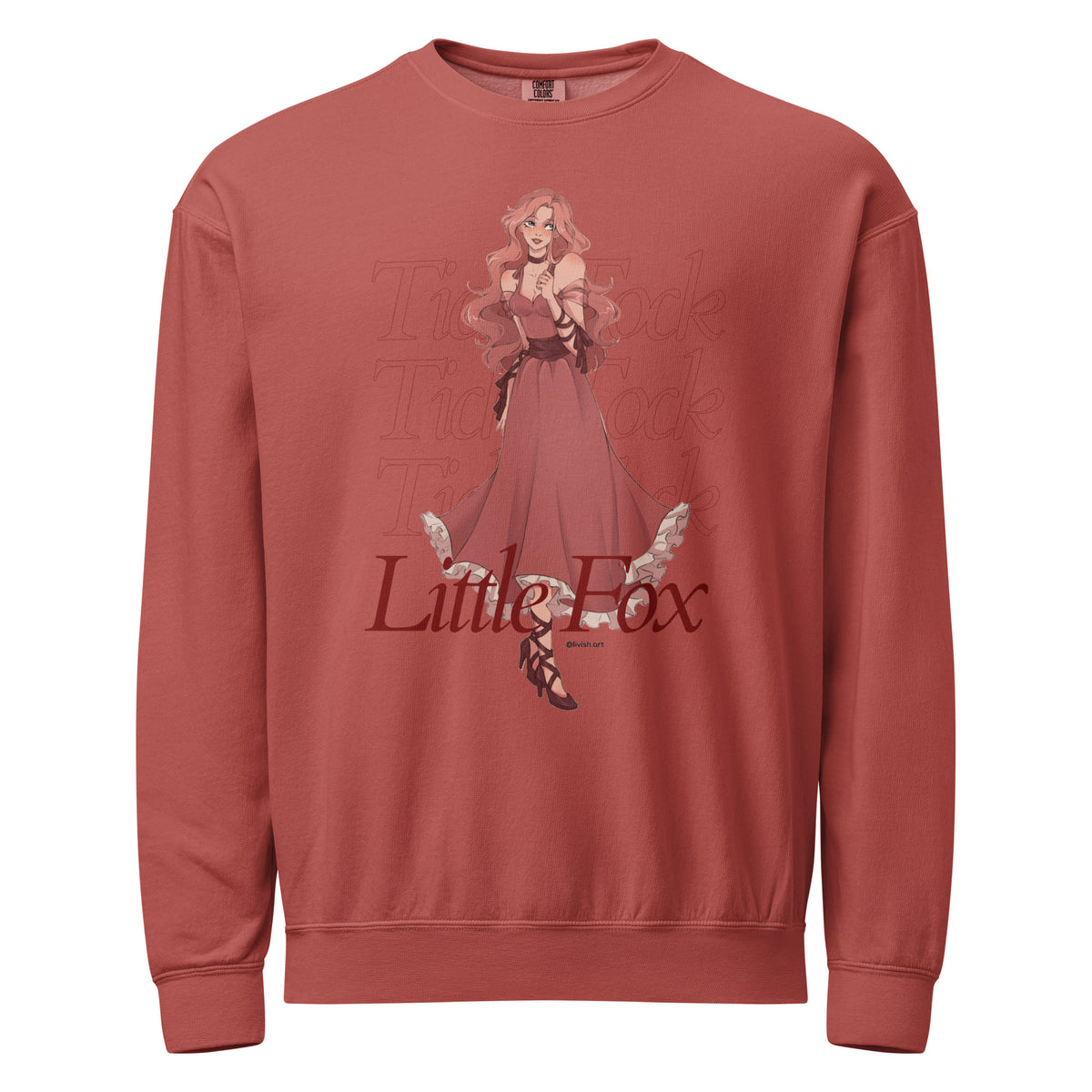 Tick Tock Little Fox Fleece Sweatshirt - The Bean Workshop - Cozy Loungewear, Evangeline Fox Fan Gift, Fleece Sweatshirt, Illustrated Evangeline Fox Character Art, Once Upon a Broken Heart, Red Script Lettering, Repeated Watermark Typography, Romantic Fantasy, Stephanie Garber, Tick Tock Little Fox Fleece Sweatshirt for Book Lovers, Travel Day Comfort, Whimsical Fairytale Illustration