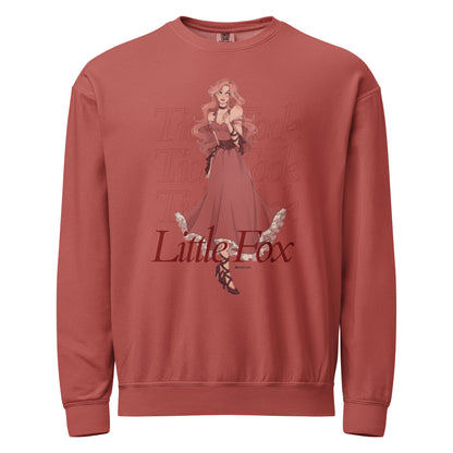 Tick Tock Little Fox Fleece Sweatshirt - The Bean Workshop - Cozy Loungewear, Evangeline Fox Fan Gift, Fleece Sweatshirt, Illustrated Evangeline Fox Character Art, Once Upon a Broken Heart, Red Script Lettering, Repeated Watermark Typography, Romantic Fantasy, Stephanie Garber, Tick Tock Little Fox Fleece Sweatshirt for Book Lovers, Travel Day Comfort, Whimsical Fairytale Illustration