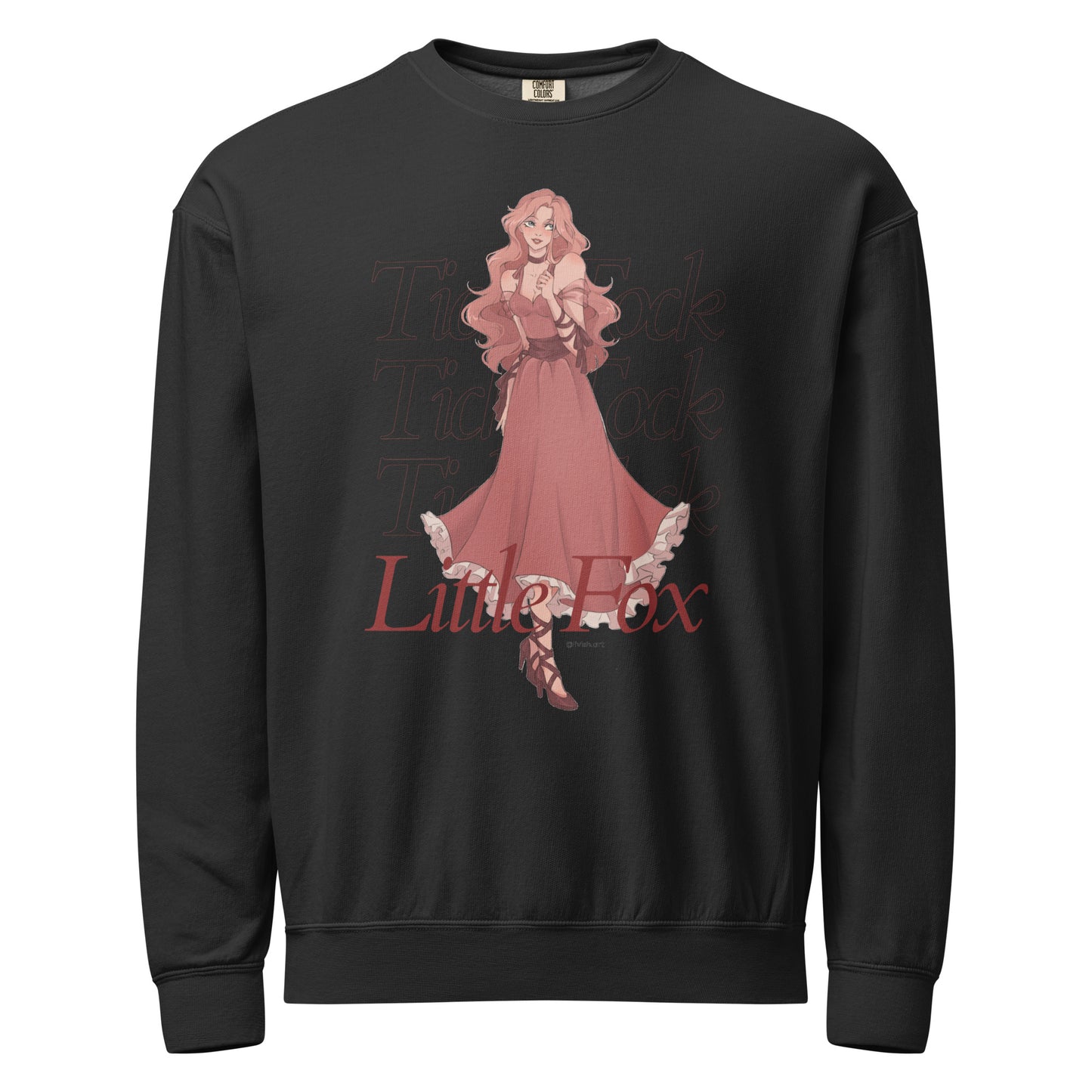Tick Tock Little Fox Fleece Sweatshirt - The Bean Workshop - Cozy Loungewear, Evangeline Fox Fan Gift, Fleece Sweatshirt, Illustrated Evangeline Fox Character Art, Once Upon a Broken Heart, Red Script Lettering, Repeated Watermark Typography, Romantic Fantasy, Stephanie Garber, Tick Tock Little Fox Fleece Sweatshirt for Book Lovers, Travel Day Comfort, Whimsical Fairytale Illustration