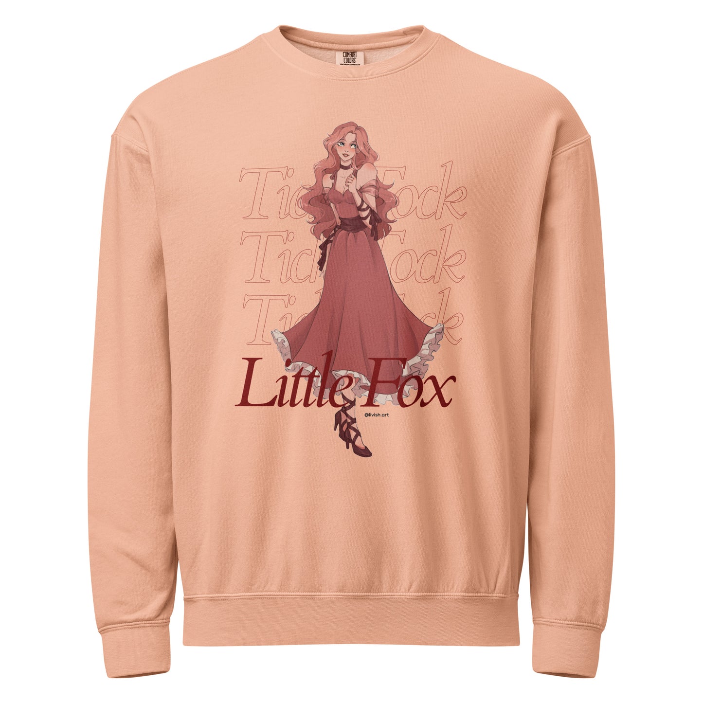 Tick Tock Little Fox Fleece Sweatshirt - The Bean Workshop - Cozy Loungewear, Evangeline Fox Fan Gift, Fleece Sweatshirt, Illustrated Evangeline Fox Character Art, Once Upon a Broken Heart, Red Script Lettering, Repeated Watermark Typography, Romantic Fantasy, Stephanie Garber, Tick Tock Little Fox Fleece Sweatshirt for Book Lovers, Travel Day Comfort, Whimsical Fairytale Illustration