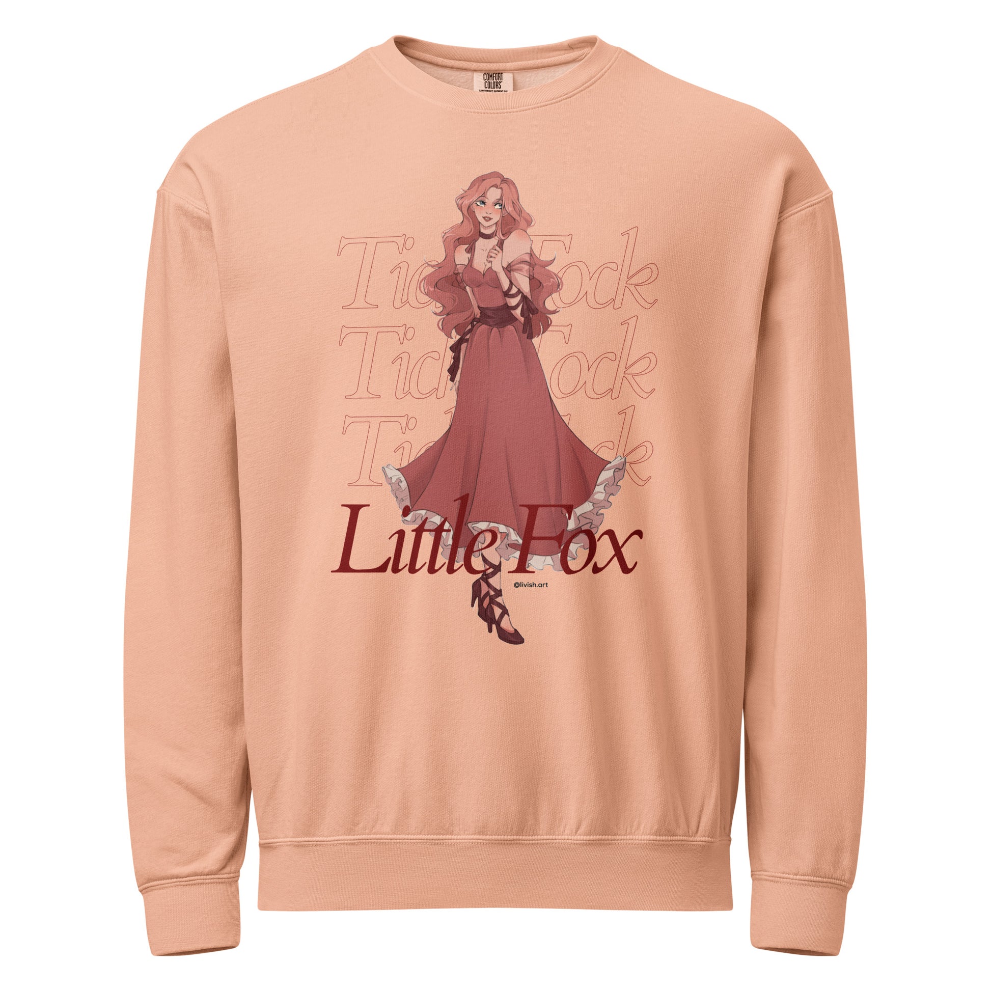 Tick Tock Little Fox Fleece Sweatshirt - The Bean Workshop - Cozy Loungewear, Evangeline Fox Fan Gift, Fleece Sweatshirt, Illustrated Evangeline Fox Character Art, Once Upon a Broken Heart, Red Script Lettering, Repeated Watermark Typography, Romantic Fantasy, Stephanie Garber, Tick Tock Little Fox Fleece Sweatshirt for Book Lovers, Travel Day Comfort, Whimsical Fairytale Illustration