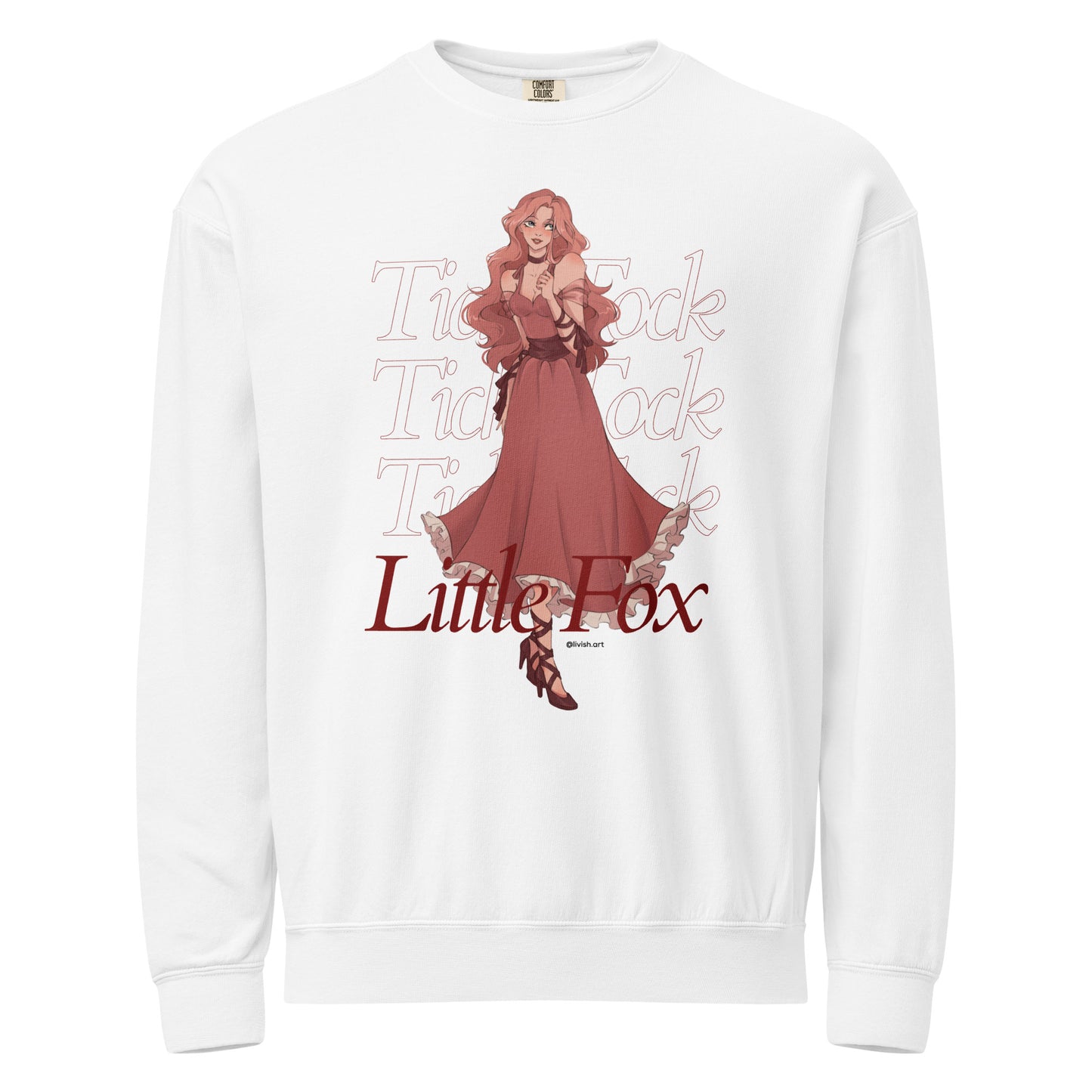 Tick Tock Little Fox Fleece Sweatshirt - The Bean Workshop - Cozy Loungewear, Evangeline Fox Fan Gift, Fleece Sweatshirt, Illustrated Evangeline Fox Character Art, Once Upon a Broken Heart, Red Script Lettering, Repeated Watermark Typography, Romantic Fantasy, Stephanie Garber, Tick Tock Little Fox Fleece Sweatshirt for Book Lovers, Travel Day Comfort, Whimsical Fairytale Illustration